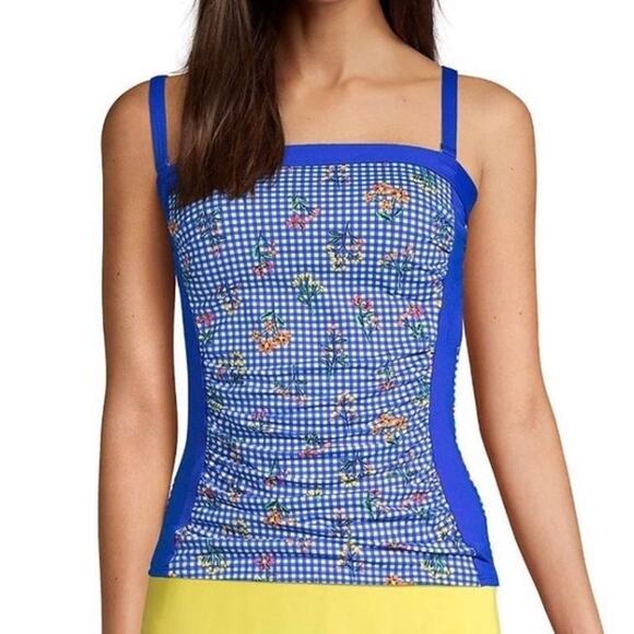Lands’ End Electric Blue Botanical Check Bandeau Tankini Swim Top Size 12 - Picture 1 of 13